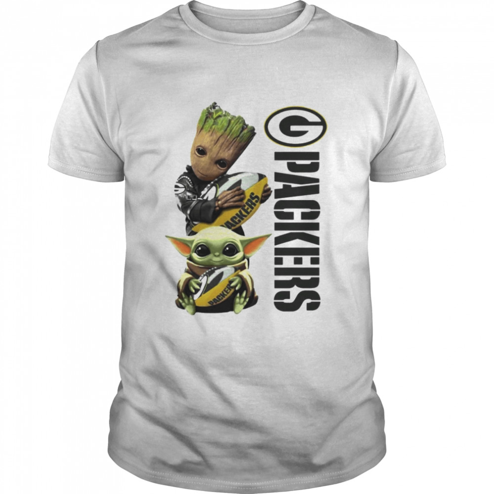 Baby Yoga and Baby Groot hug Rugby Green Bay Packers shirt