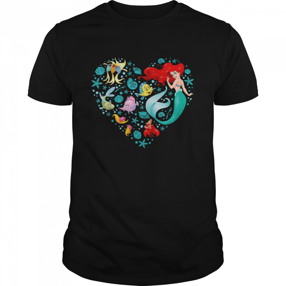 Disney Princess Ariel Flounder and Sebastian Collage Heart The Little Mermaid T-Shirt