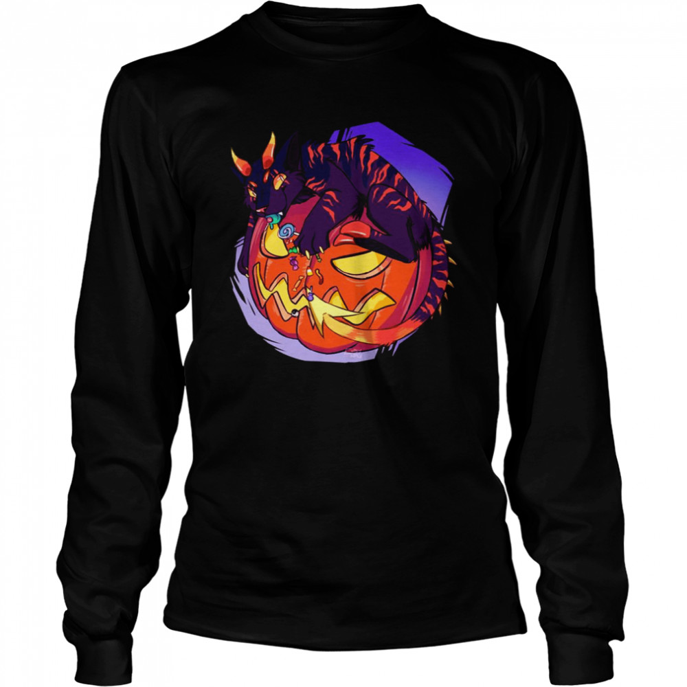 Scary Cat With Horns Pumpkin Cat shirt Long Sleeved T-shirt