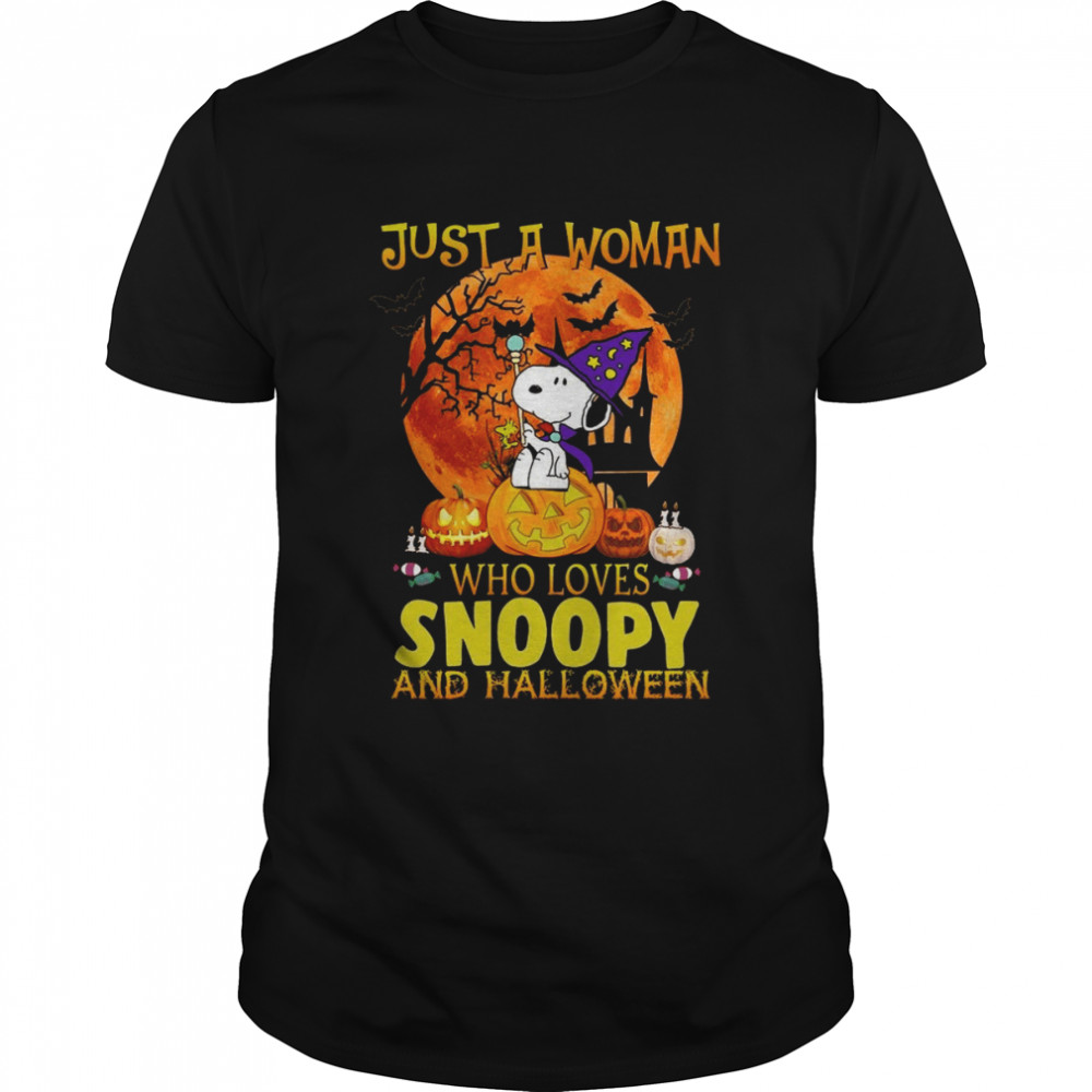 Just A Woman Who Lives Snoopy And Halloween Snoop Dog Autumn Pumpkins shirt