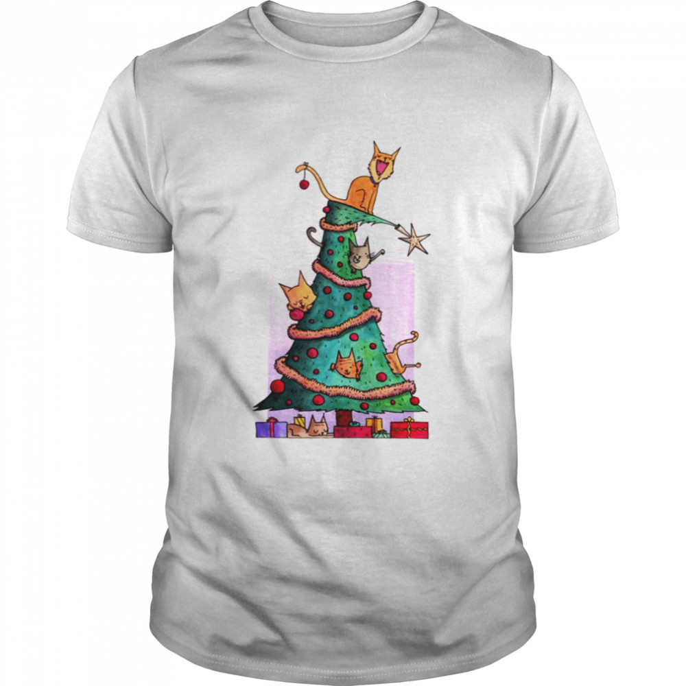 Cat Sitting On Top Of Christmas Tree shirt