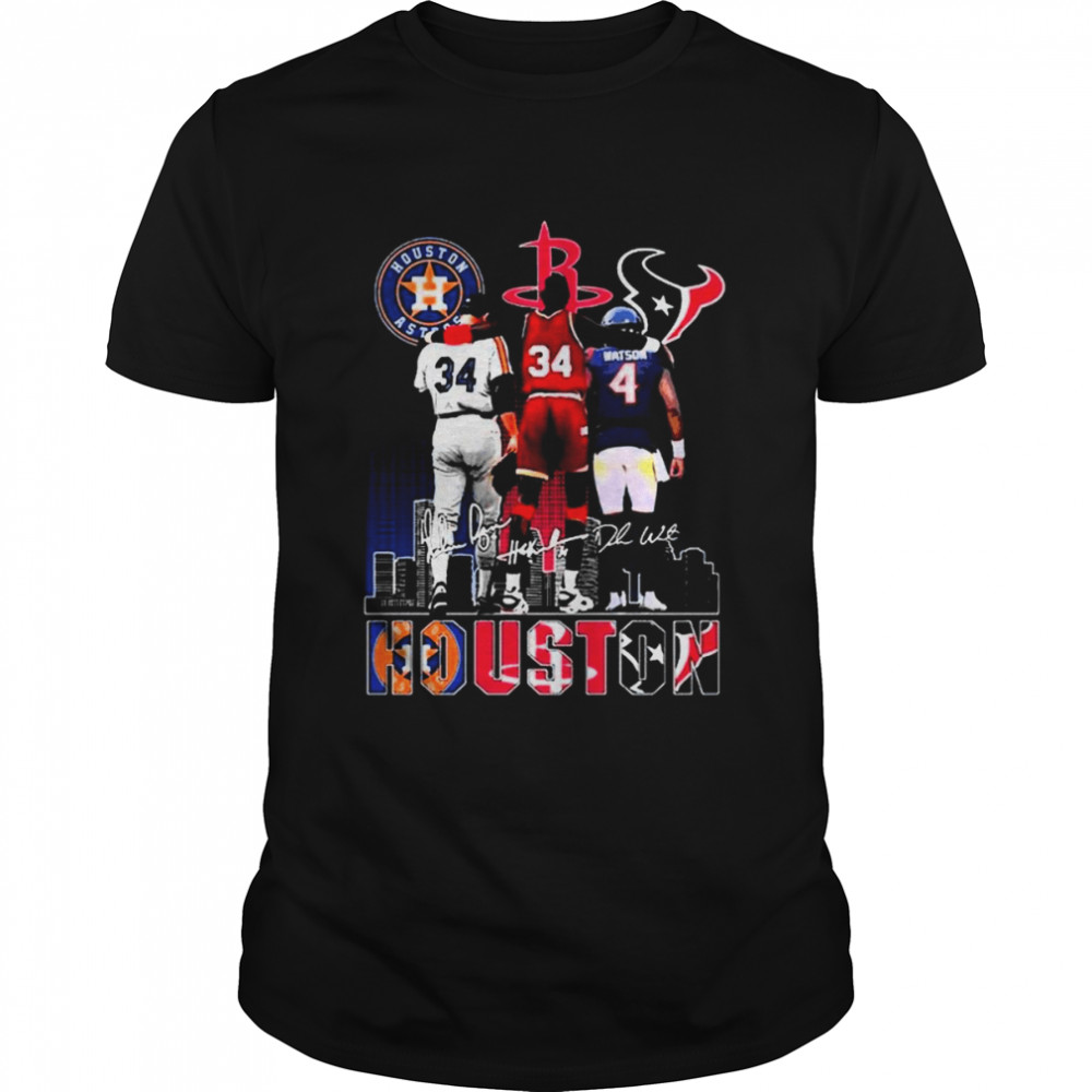 Houston Sport Team Nolan Ryan’s Hakeem Olajuwon and Deshaun Watson signatures skyline shirt