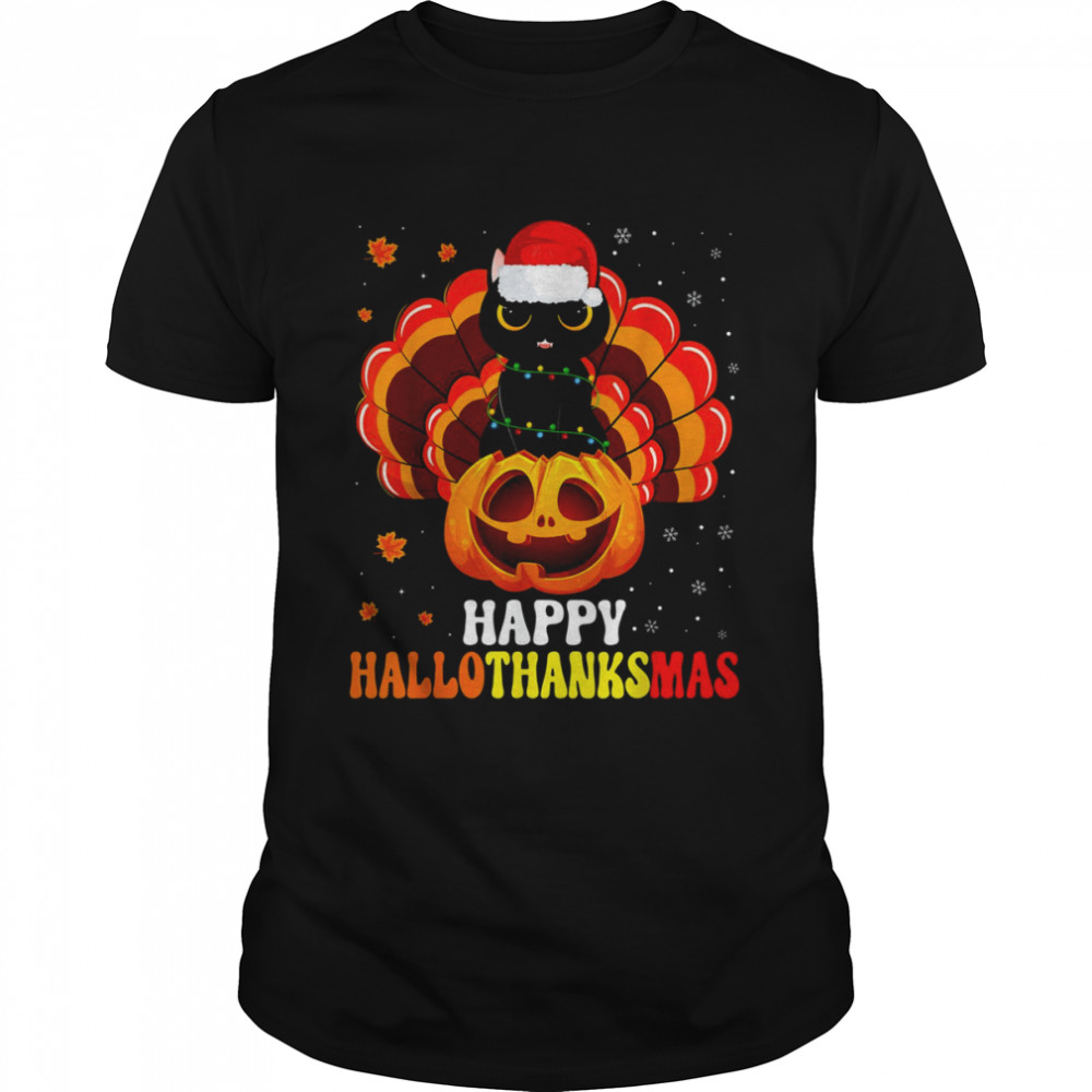 Happy Hallothanksmas Black Cat Lover Santa Pumpkin Turkey Funny Thanksgiving T-Shirt