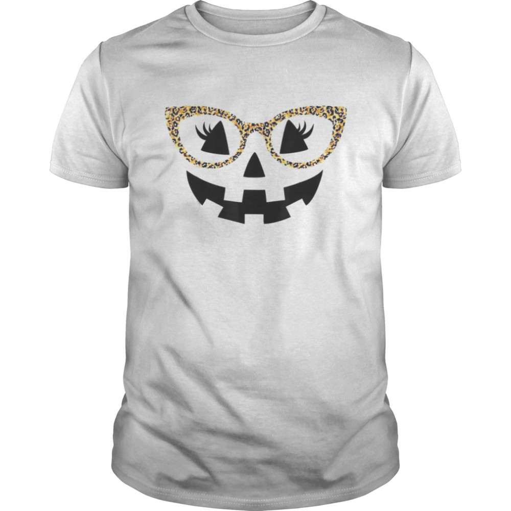 Jack O Lantern Face Pumpkin Halloween Leopard Print Glasses T-Shirt