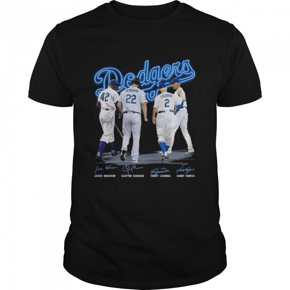 Los Angeles Dodgers Jackie Robinson Clayton Kershaw Tommy lasorda Sandy Koufax signatures shirt