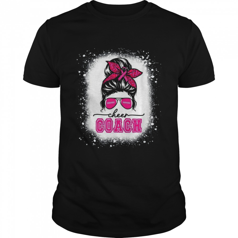 Woman Football Messy Bun Mom Cheer Coach Breast Cancer T-Shirt