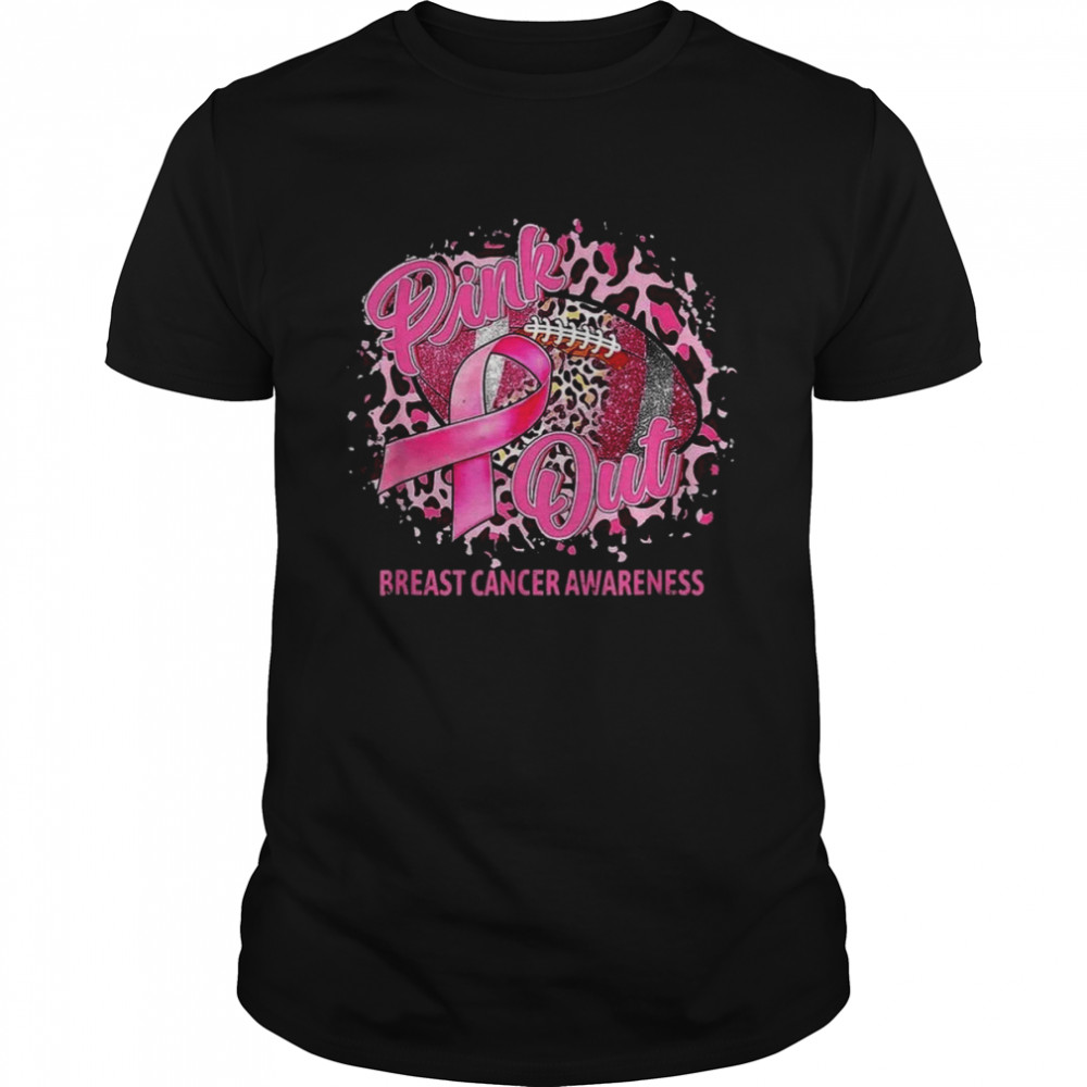 Woman Leopard Pink Out Football Tackle Breast Cancer T-Shirt