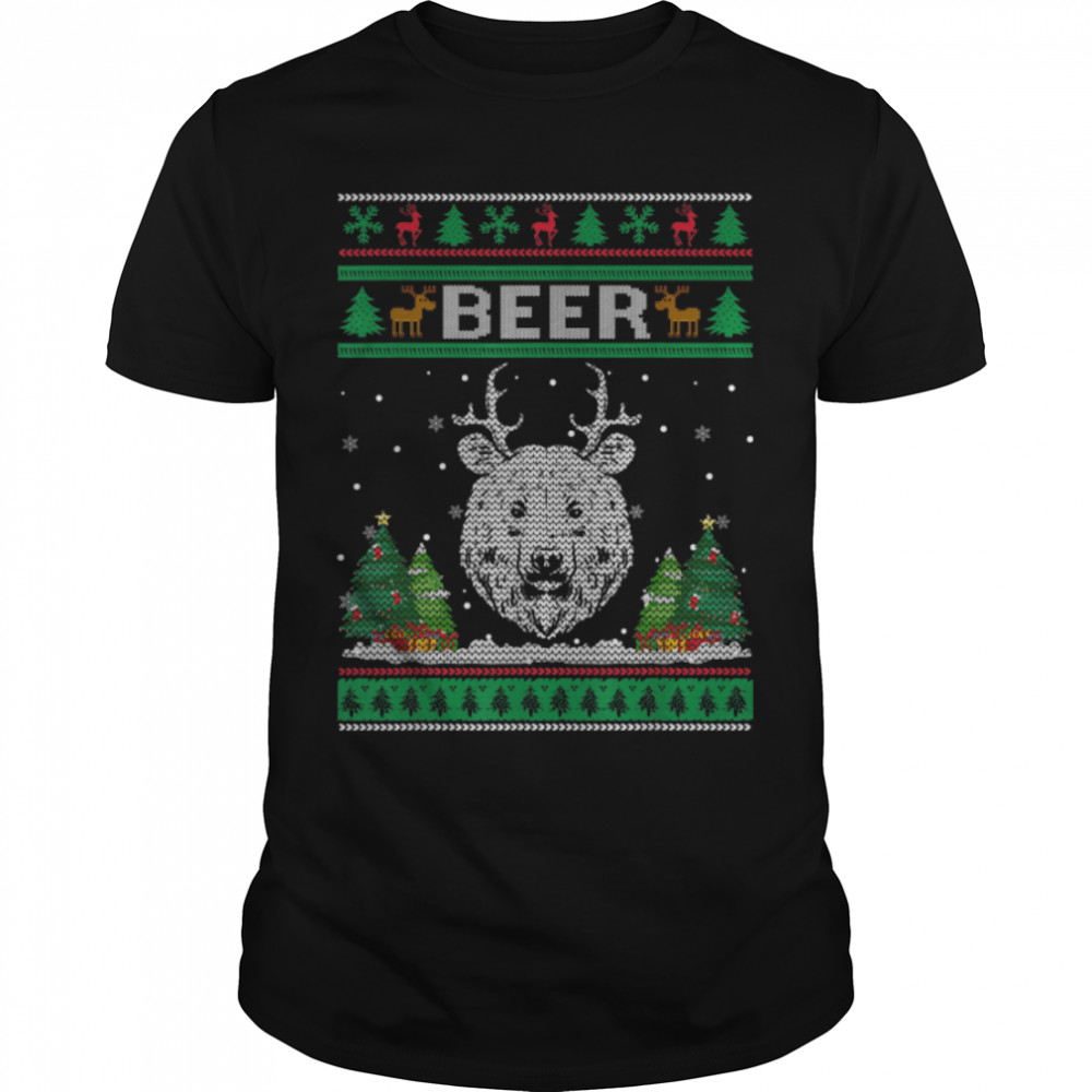 Bear Deer Beer Funny Drinking Hunting Camping Ugly Christmas T-Shirt B0BHHXSS47