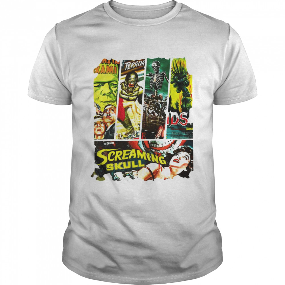 Vintage Style Sci Fi Horror Movie Screaming Skull Collage shirt