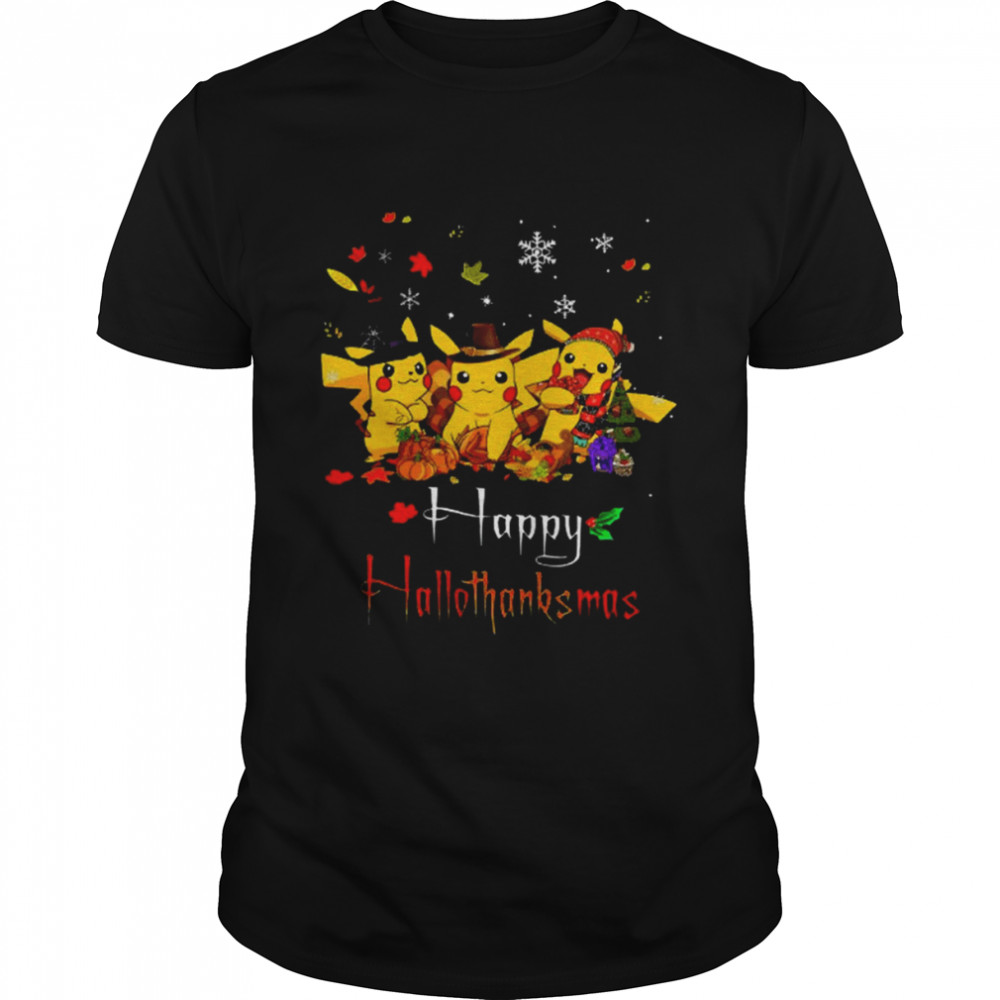 Pikachu Halloween And Christmas Happy Hallothanksmas Pokemon Christmas T-Shirt