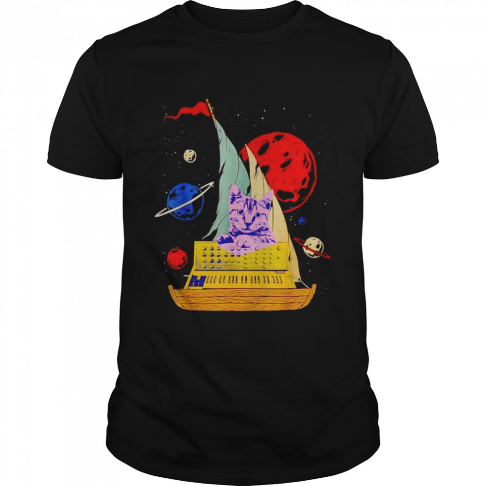 Cat on synthesizer in space shirt