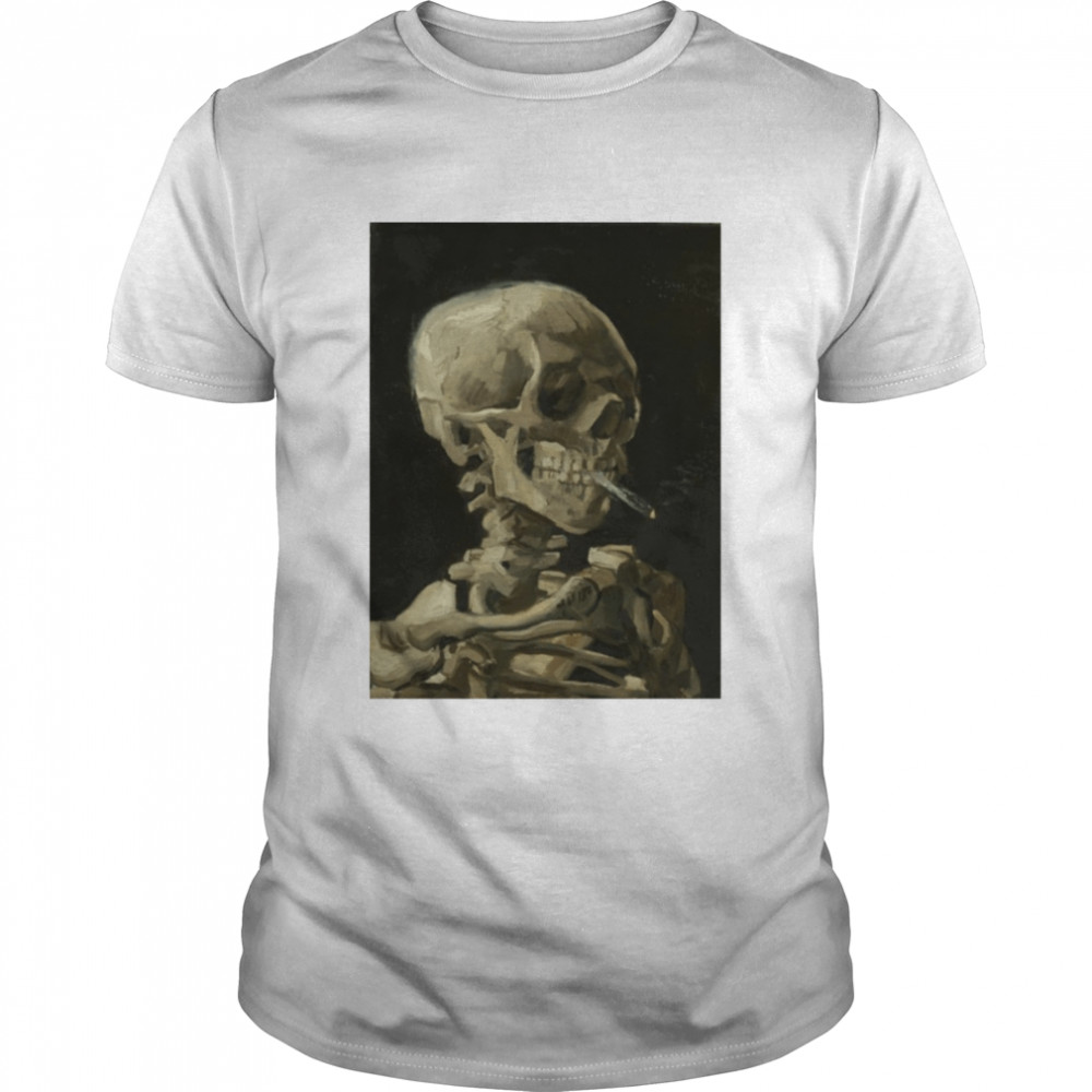 Skeleton smoking a cigarette in 1886 shirt