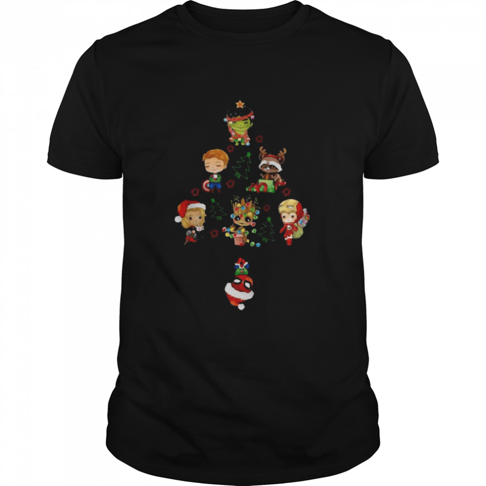 Marvel Studios Chibi Hulk Groot Iron Man And Spiderman Christmas Tree shirt