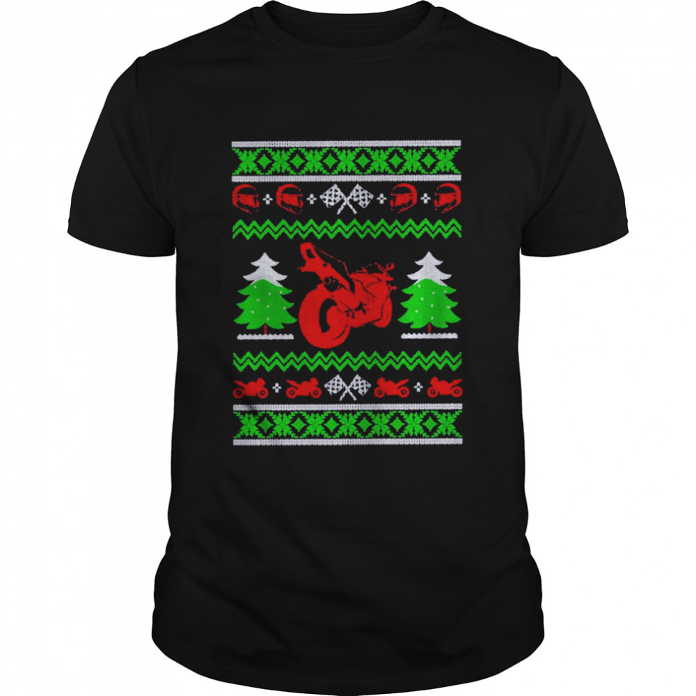 Red sport bike motorcycle rider ugly Christmas T-shirt