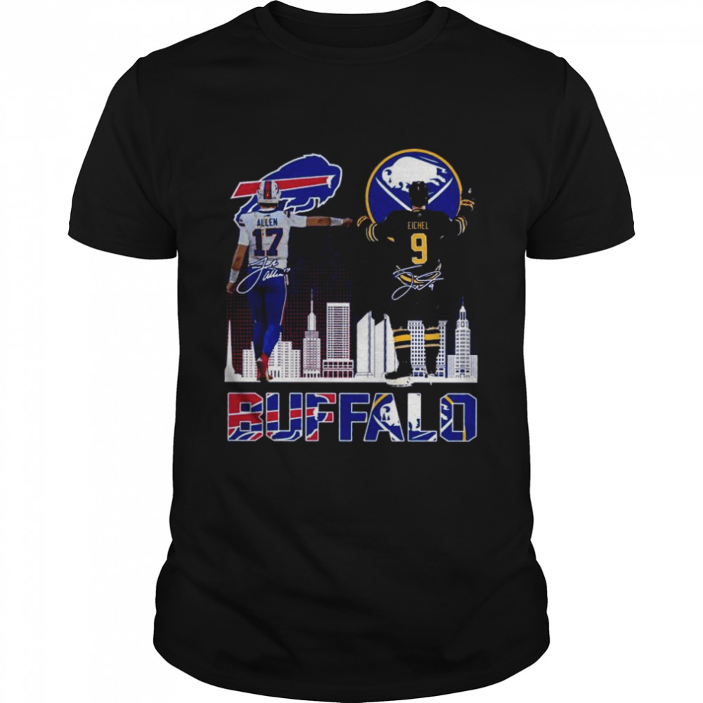 Buffalo city skyline, Josh Allen Bills and Jack Eichel Sabers signatures 2022 shirt