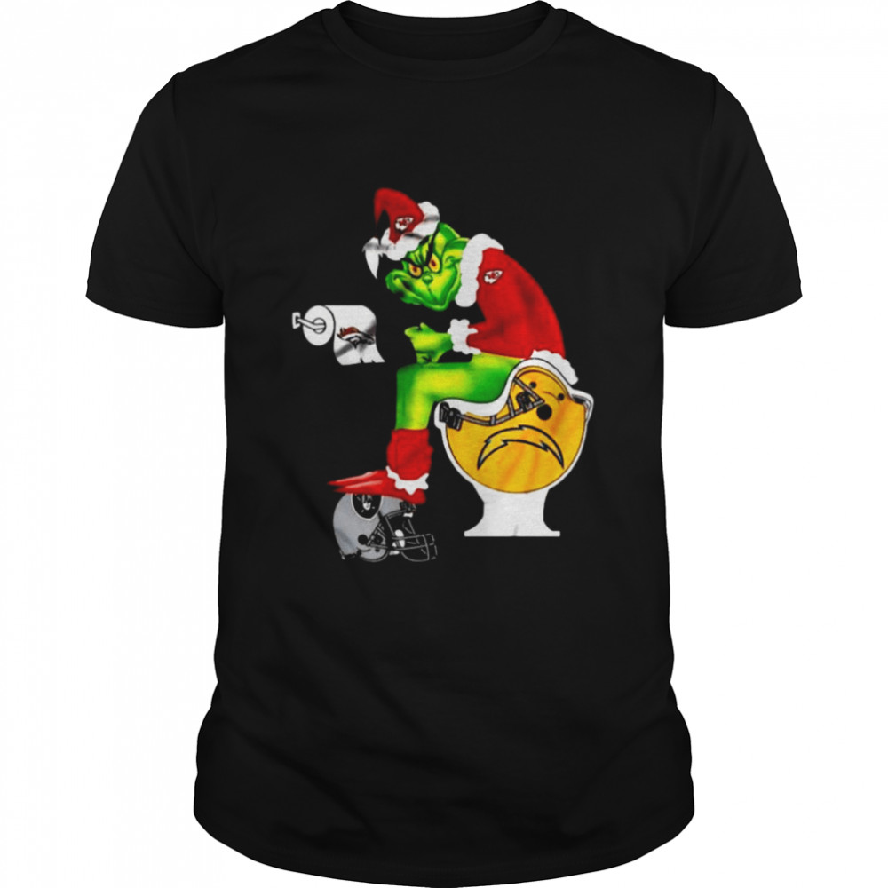 Kansas City Chiefs Grinch Sitting On San Diego Chargers Toilet And Step On Oakland Raiders Helmet 2022 Shirt