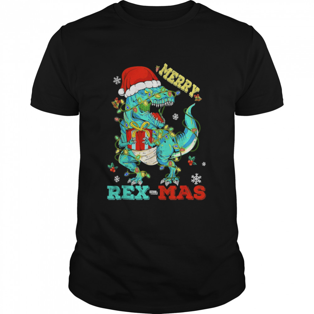 Merry Rex Mas Dinosaur Santa Christmas Tree Lights Shirt