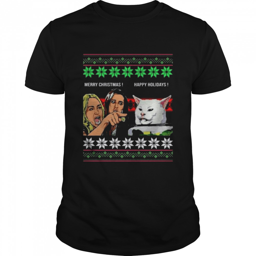 Woman Yelling At A Cat Meme Christmas Knit Pattern Ugly 2022 shirt