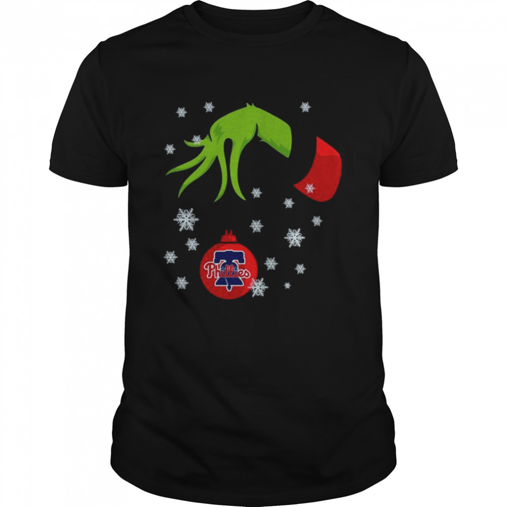 Grinch Hand holding Philadelphia Phillies snowflake Christmas 2022 shirt