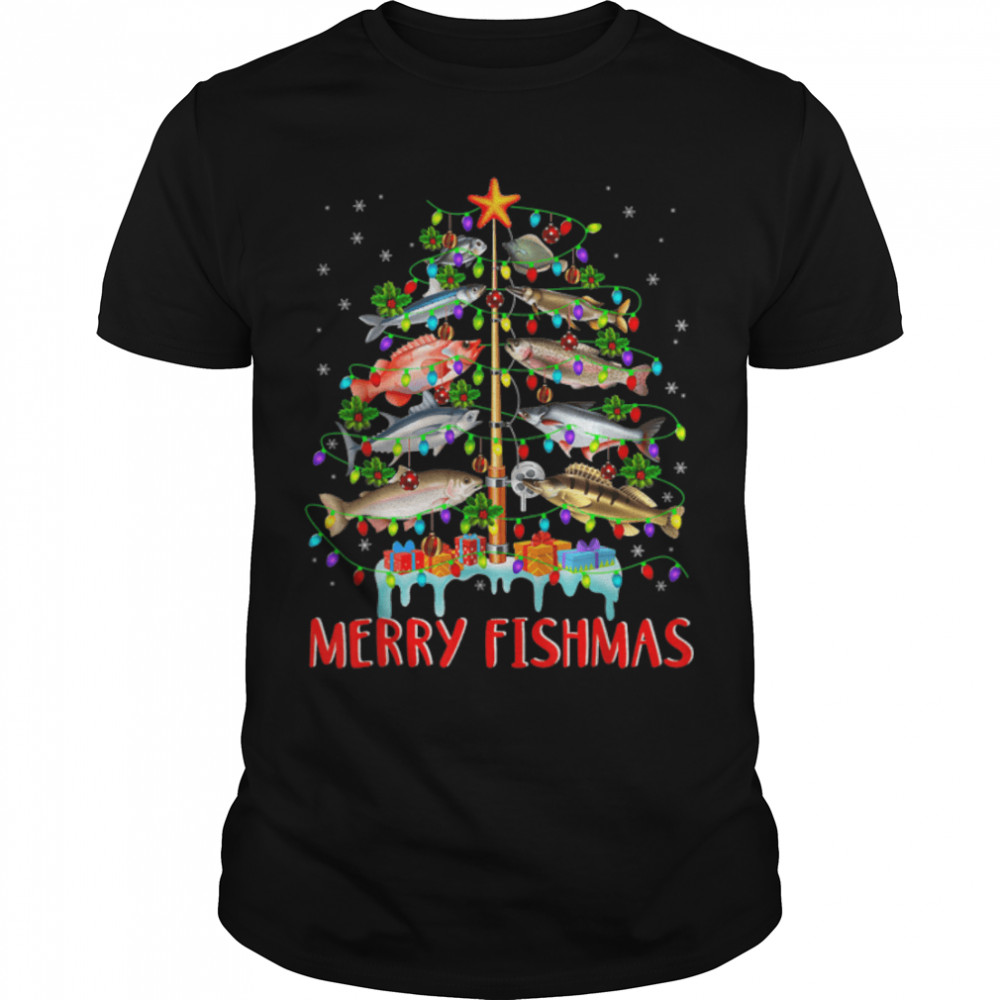 Merry Fishmas Funny Christmas Tree Lights Fish Fishing Rod T-Shirt B0BM4NLQCV