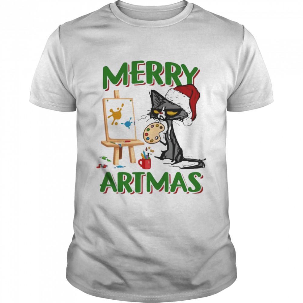 Santa Black Cat Merry Artmas Christmas shirt