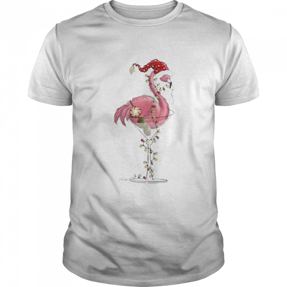 Christmas flamingo and glass and colorful string lights t-shirt