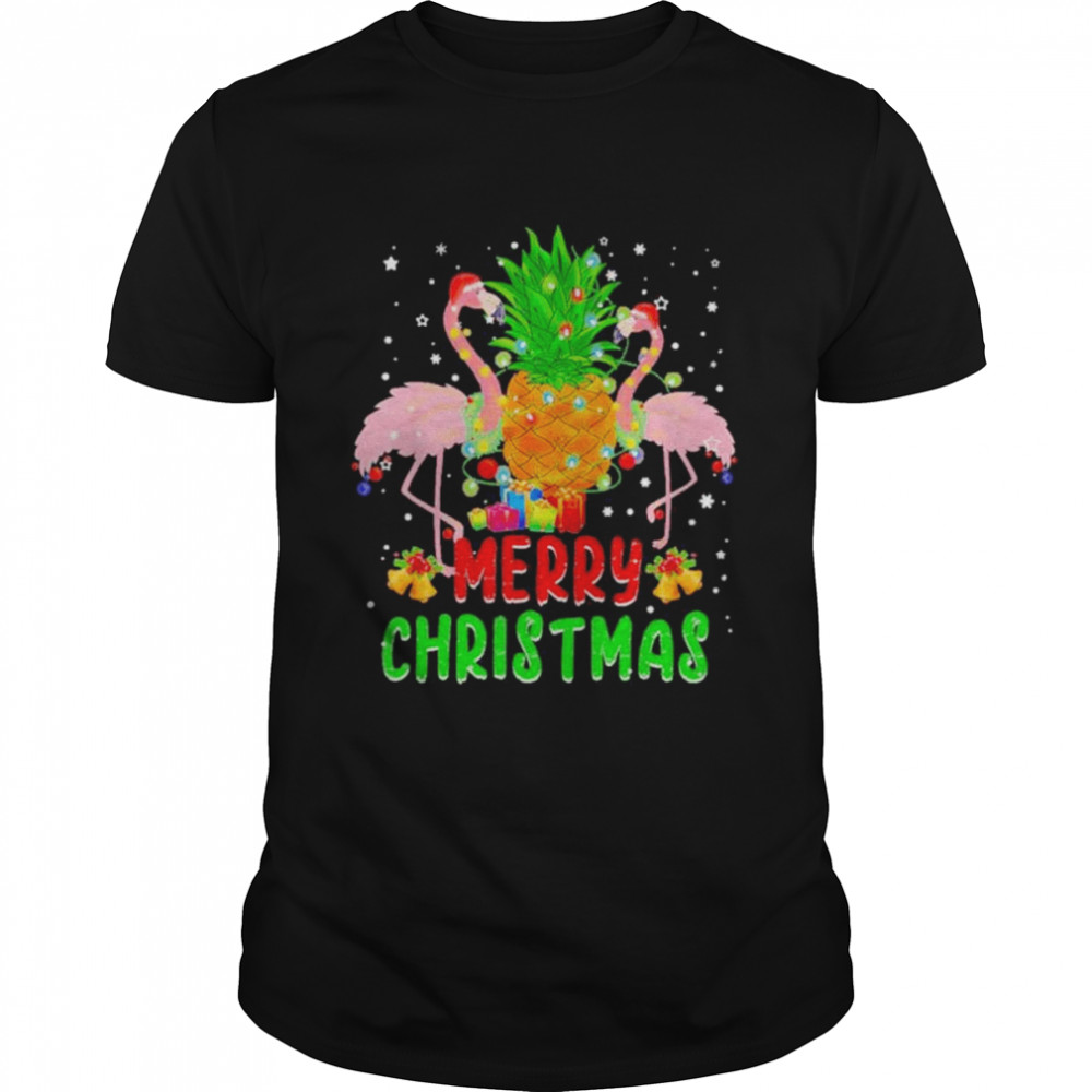 Santa flamingo Christmas tree pineapple xmas light merry Christmas shirt