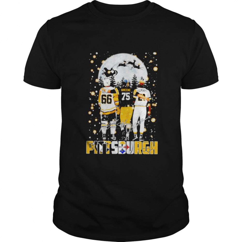 Pittsburgh sports teams Mario Lemieux Joe Greene and Roberto Clemente Christmas signatures shirt