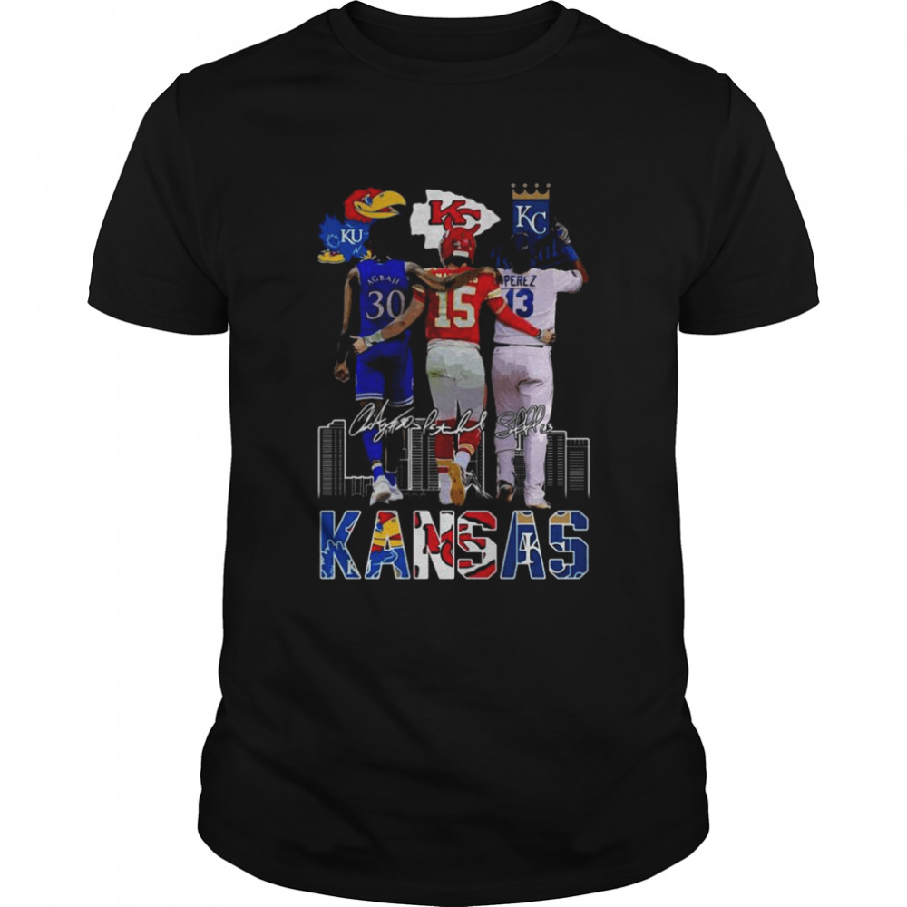 Kansas Sport teams Patrick Mahomes Ochai Agbaji And Salvador Pérez Signatures 2022 Shirt