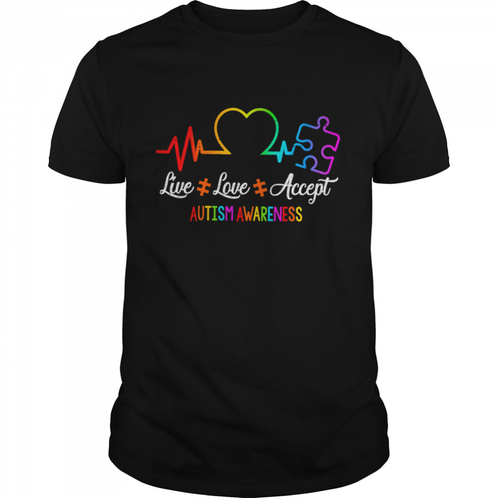 Live Love Accept Autism Awareness Heartbeat Shirt