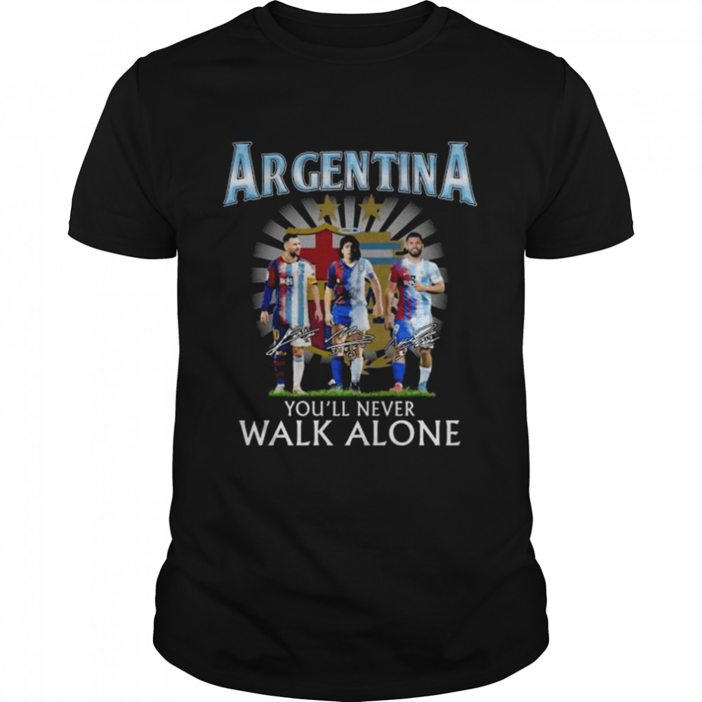 Argentina Lionel Messi Diego Maradona and Sergio Agüero you’ll never walk alone signatures shirt