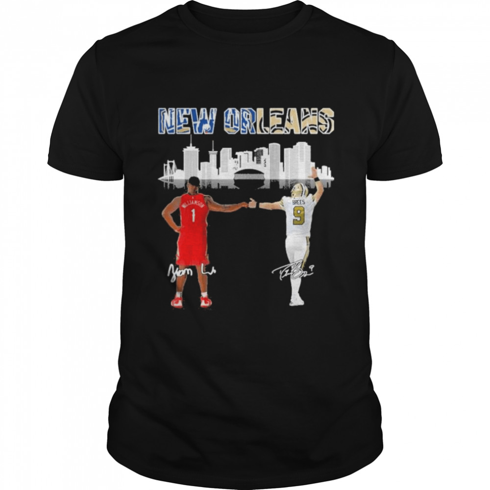 Zion Williamson and Drew Brees New Orleans city skyline signatures shirt