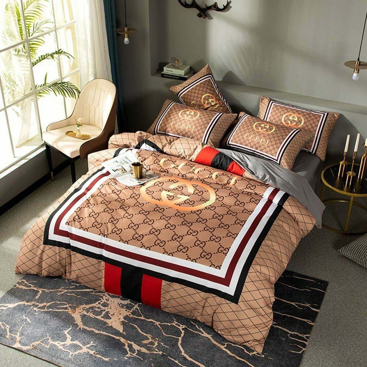 GC Brown Luxury Brand High-End Bedding Set Home Decor HT