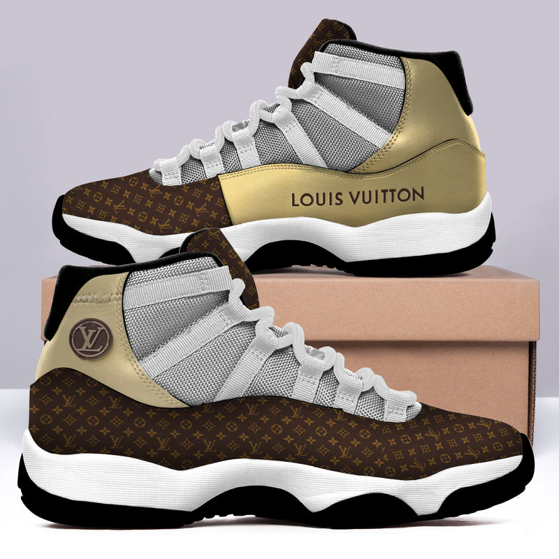 Louis Vuitton Brown Gold Air Jordan 11 Sneakers Shoes Hot 2022 LV Gifts For Men Women HT