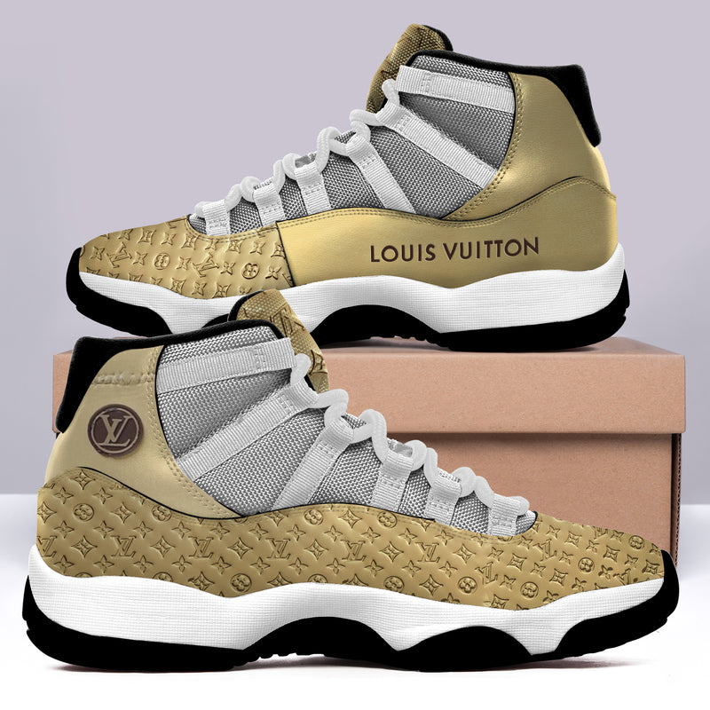 Louis Vuitton Gold Air Jordan 11 Sneakers Shoes Hot 2022 LV Gifts For Men Women HT