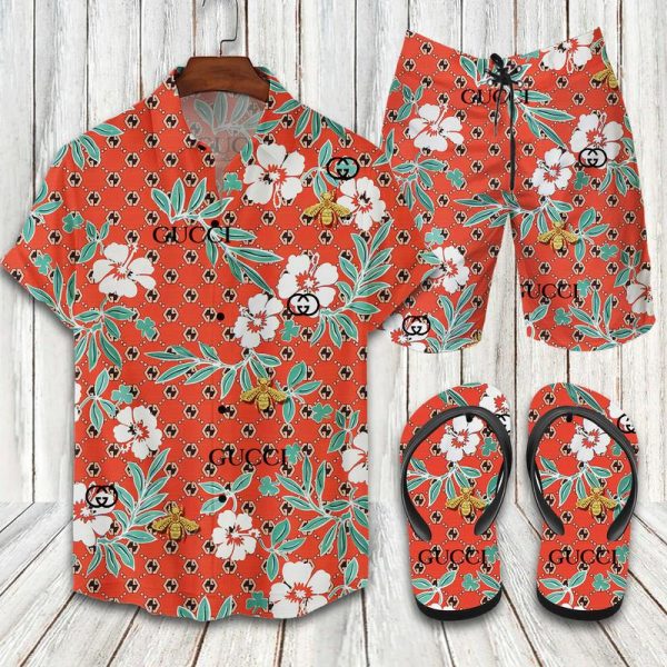 GC Bee Floral Hawaii Shirt Shorts Set   Flip Flops Luxury Clothing Clothes Outfit For Men HT