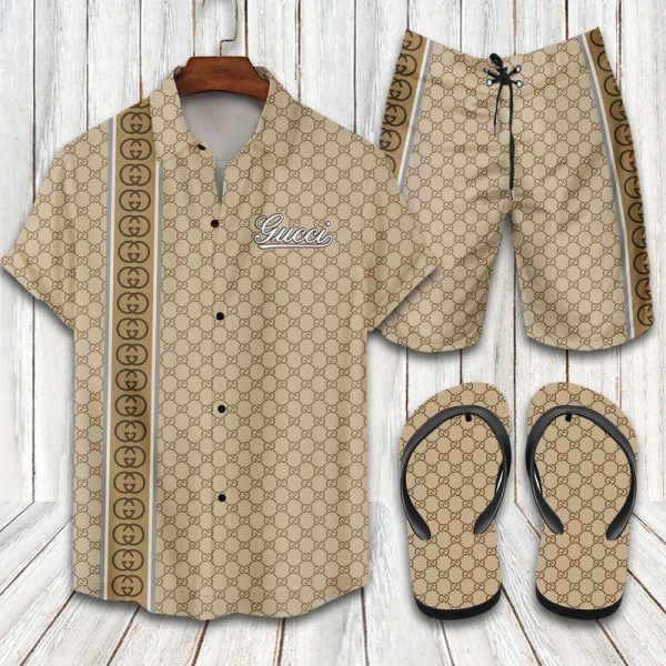 GC Beige Hawaii Shirt Shorts Set   Flip Flops Luxury Clothing Clothes Outfit For Men HT