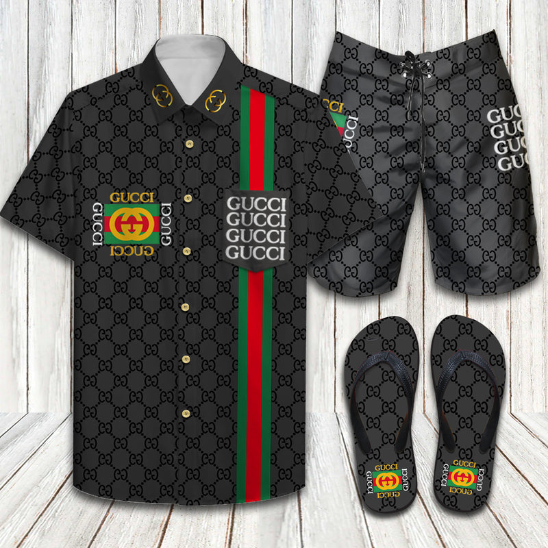 GC Black Hawaii Shirt Shorts Set   Flip Flops Luxury Clothing Clothes Outfit For Men HT