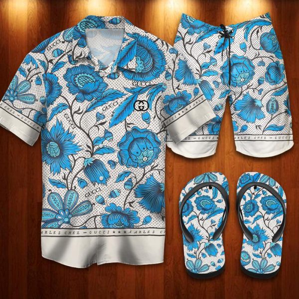 GC Blue Flower Hawaii Shirt Shorts Set   Flip Flops Luxury Clothing Clothes Outfit For Men HT