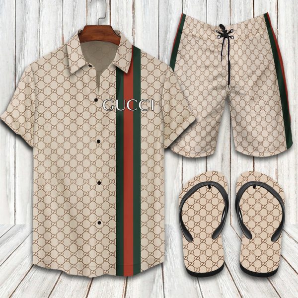 GC Brown Hawaii Shirt Shorts Set   Flip Flops Luxury Clothing Clothes Outfit For Men HT