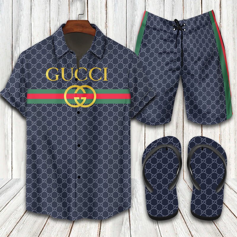 GC Monogram Navy Hawaii Shirt Shorts Set   Flip Flops Luxury Clothing Clothes Outfit For Men HT