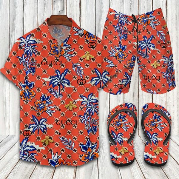 GC Orange Floral Hawaii Shirt Shorts Set   Flip Flops Luxury Clothing Clothes Outfit For Men HT