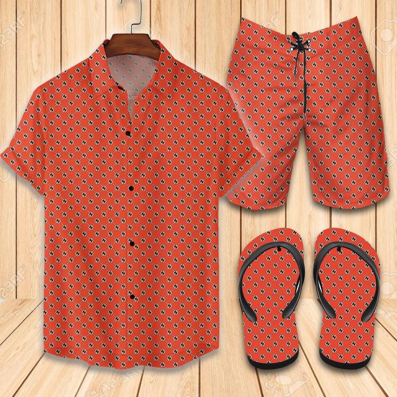 GC Orange Hawaii Shirt Shorts Set   Flip Flops Luxury Clothing Clothes Outfit For Men HT