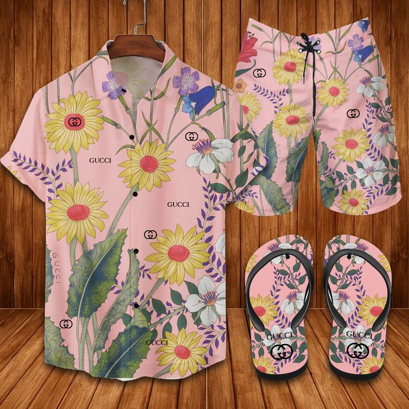 GC Pink Hawaii Shirt Shorts Set   Flip Flops Luxury Clothing Clothes Outfit For Men HT