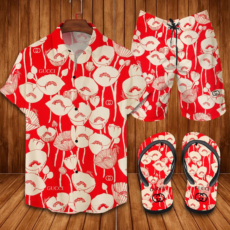 GC Red Hawaii Shirt Shorts Set   Flip Flops Luxury Clothing Clothes Outfit For Men HT
