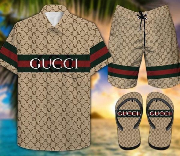 GC Stripe Hawaii Shirt Shorts Set   Flip Flops Luxury Clothing Clothes Outfit For Men HT