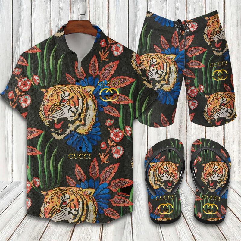 GC Tiger Floral Hawaii Shirt Shorts Set   Flip Flops Luxury Clothing Clothes Outfit For Men HT