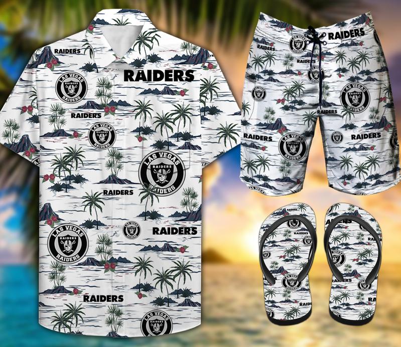 Raiders Combo Hawaiian Shirt, Beach Shorts Flip Flops L00949