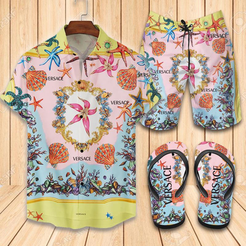 Versace Flip Flops And Combo Hawaiian Shirt, Beach Shorts Vu01364 Vu01366