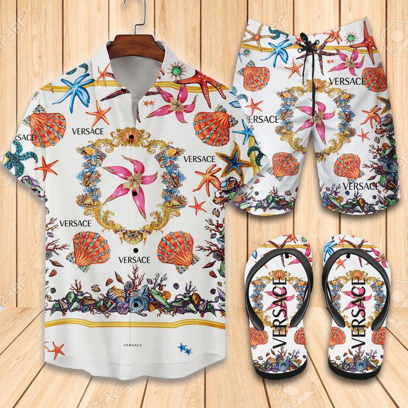 Versace Flip Flops And Combo Hawaiian Shirt, Beach Shorts Vu01406 Vu01408